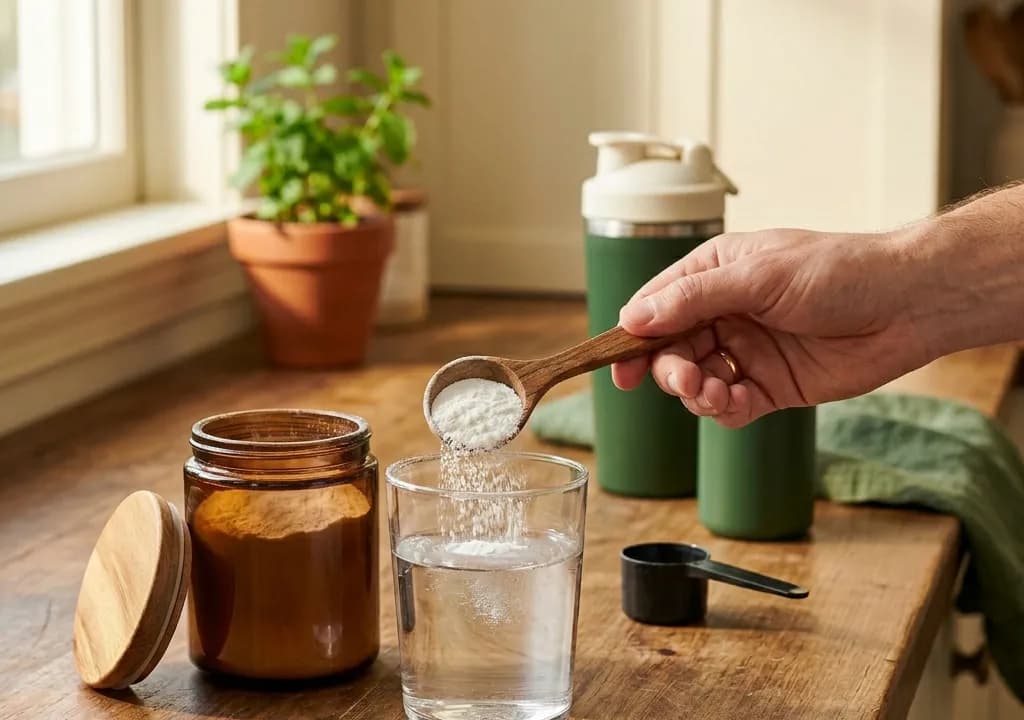 Créatine monohydrate en poudre — prise quotidienne diluée dans un verre d'eau
