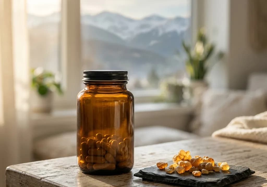 Shilajit de L'Himalaya dans son décor — ingrédients naturels associés à la formule