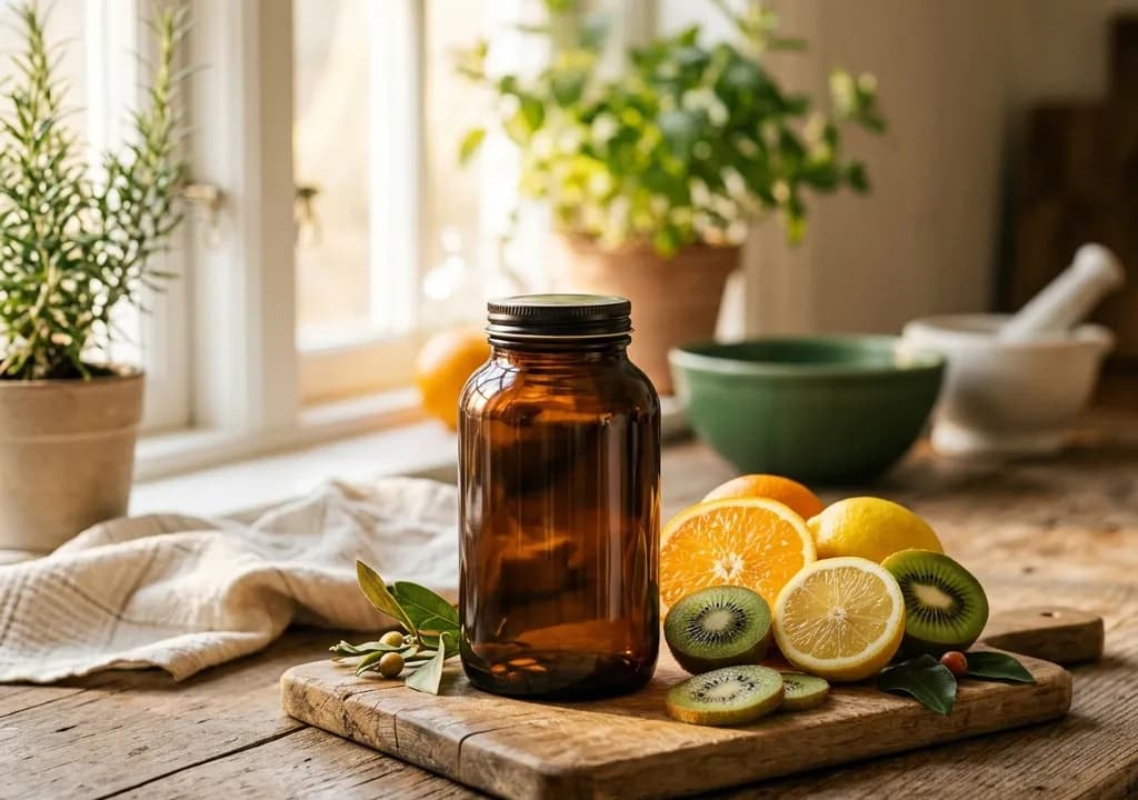 Vitamine C Liposomale dans son décor — ingrédients naturels associés à la formule