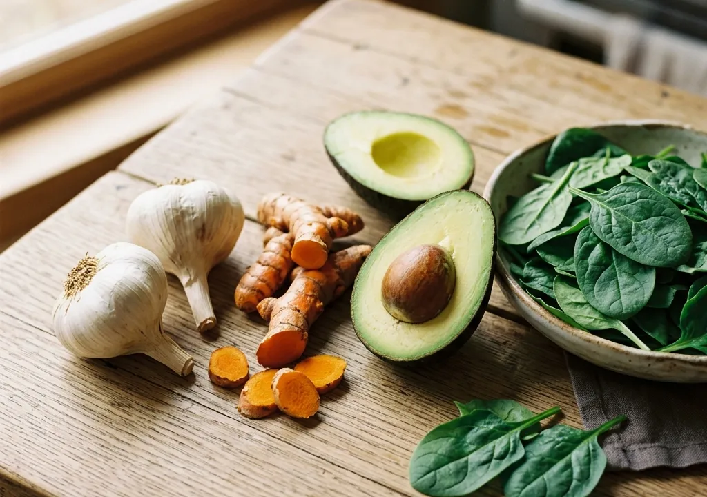 Ail frais, racine de curcuma, avocat coupé et feuilles d'épinard disposés sur une table en bois clair