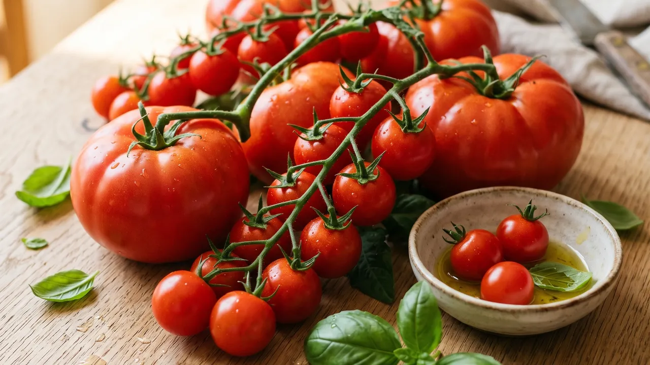 Tomates cerises et tomates rondes rouges sur fond de bois clair, lumière naturelle d'été