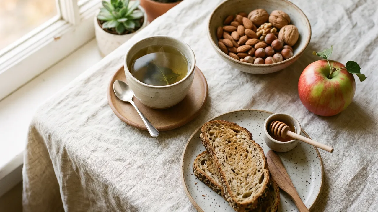 Petit-déjeuner équilibré du dimanche matin : thé vert, tartines de pain complet, fruit frais, ambiance lumineuse