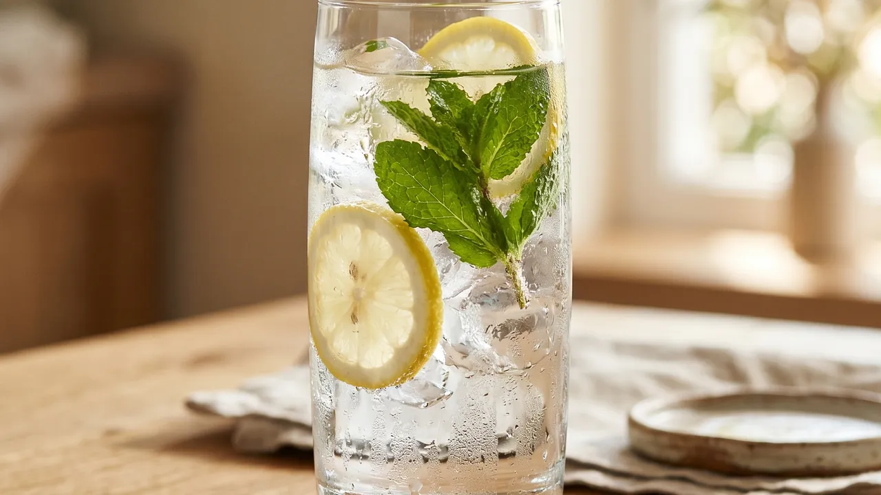 Verre d'eau fraîche avec tranches de citron et menthe sur une table en bois en plein été