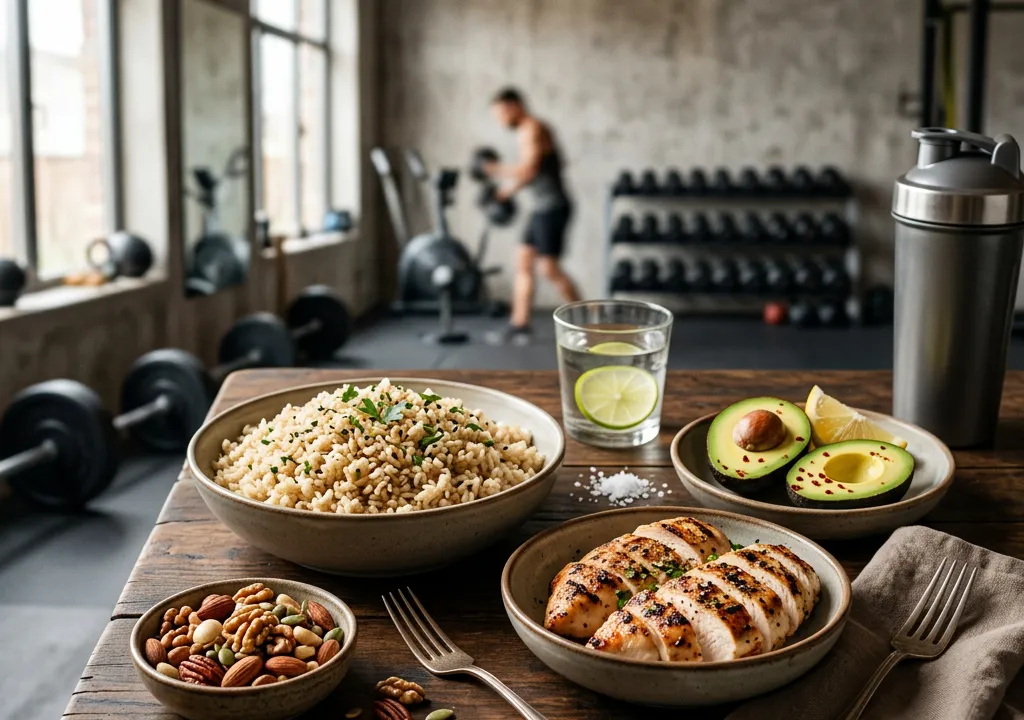 Repas hypercalorique sain avec riz, poulet, avocat et noix sur table de sportif