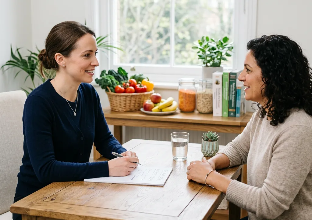 Professionnel de santé en consultation nutritionnelle face à un patient, bureau épuré, lumière naturelle