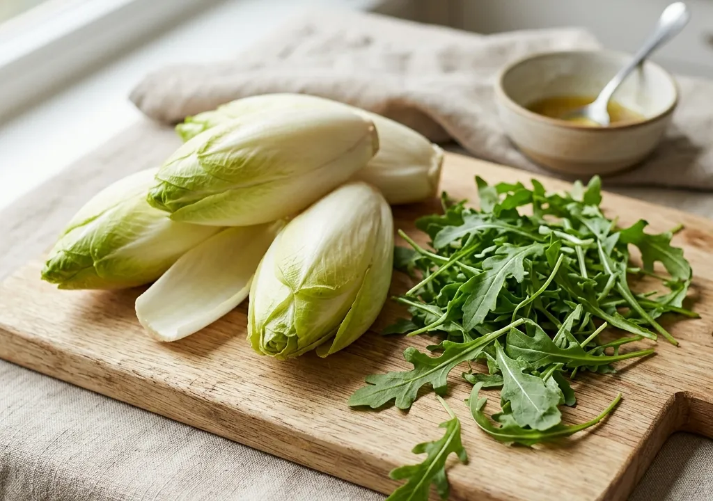 Endives blanches et roquette fraîche disposées côte à côte sur une planche en bois clair, lumière naturelle
