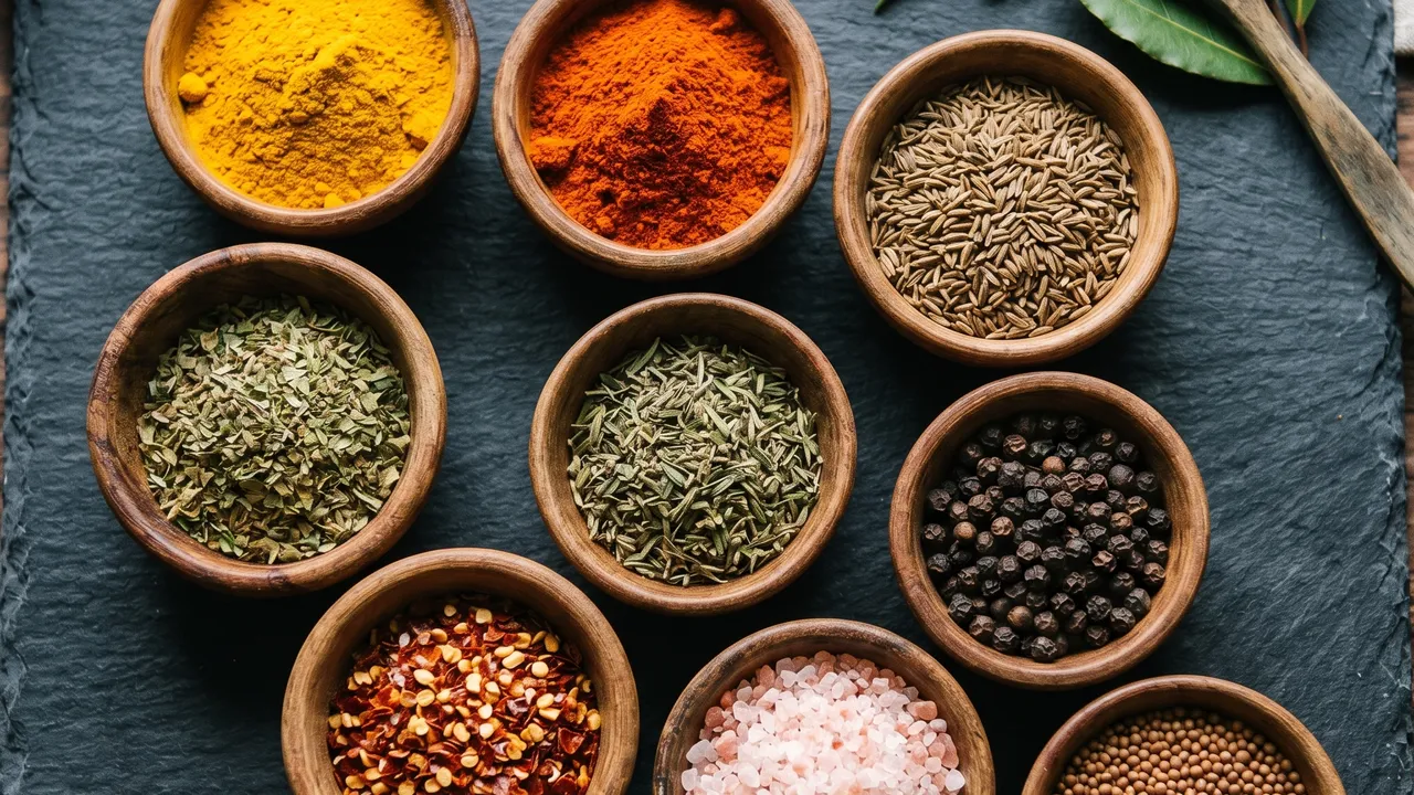 Collection d'épices colorées dans des petits bols en bois — curcuma, paprika, cumin, herbes séchées — sur une surface en ardoise