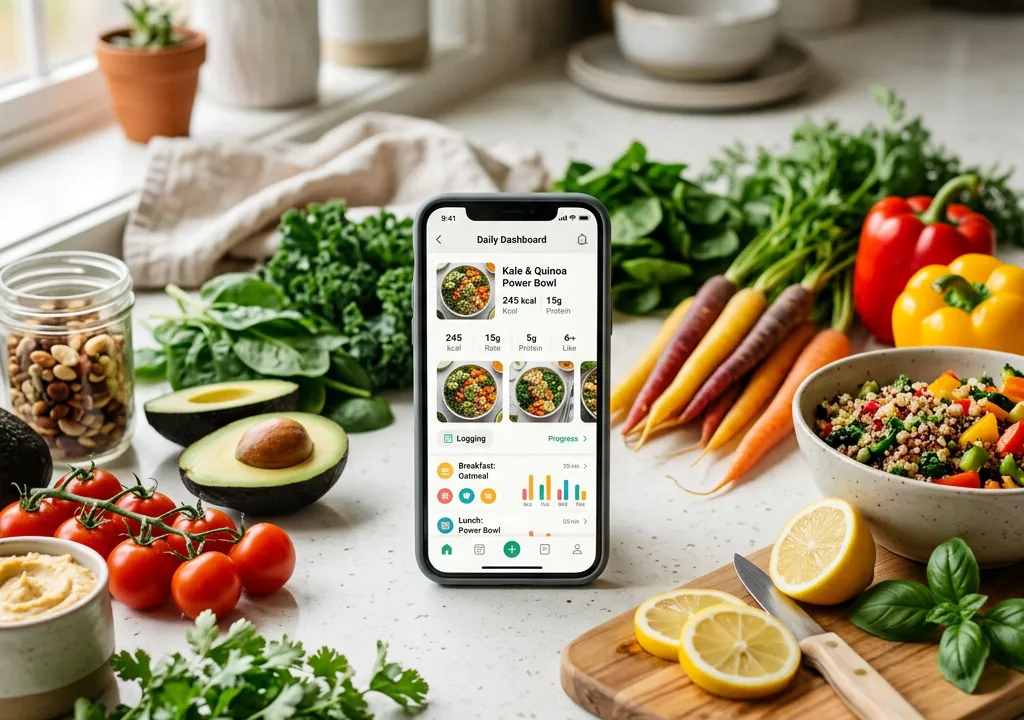 Smartphone affichant une application nutrition avec des aliments frais et colorés sur une table de cuisine