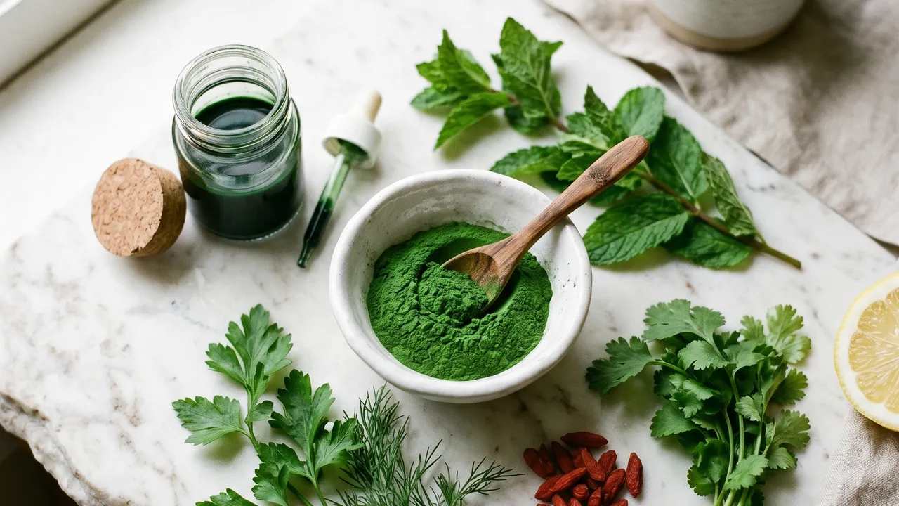 Poudre de spiruline verte dans un bol en céramique avec des feuilles fraîches, lumière naturelle