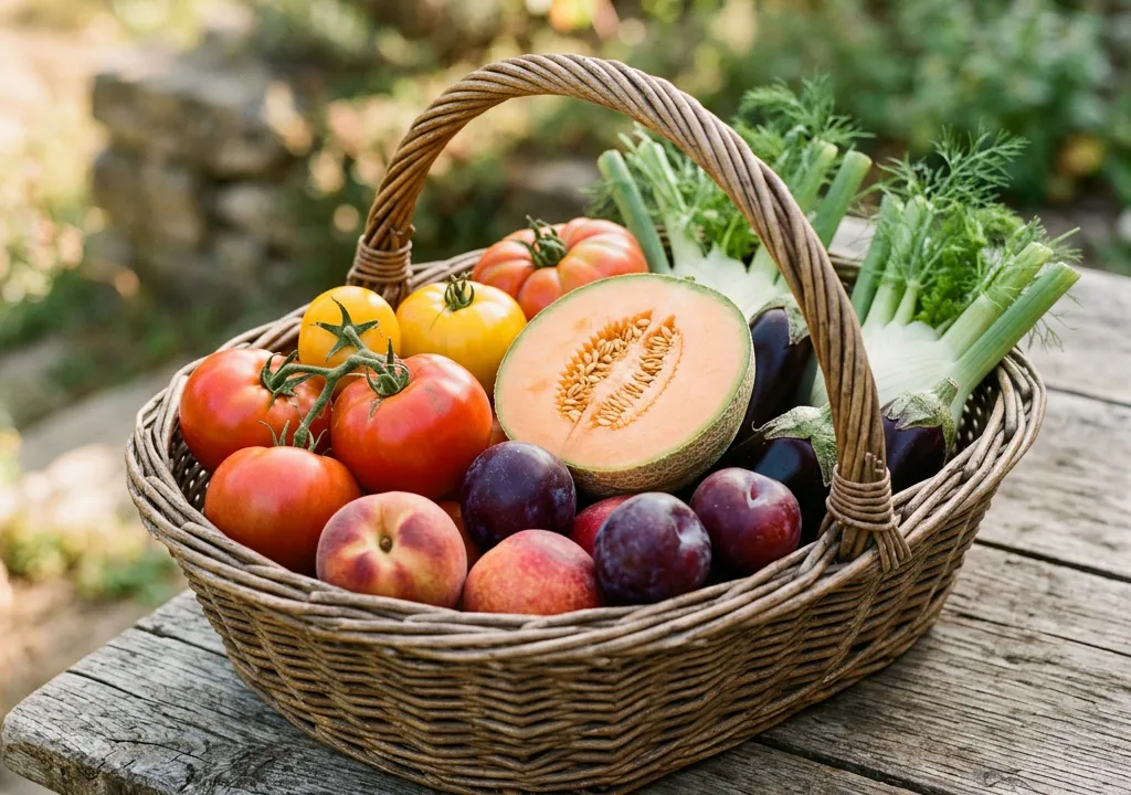 Panier en osier débordant de légumes et fruits d'été colorés sur fond de bois