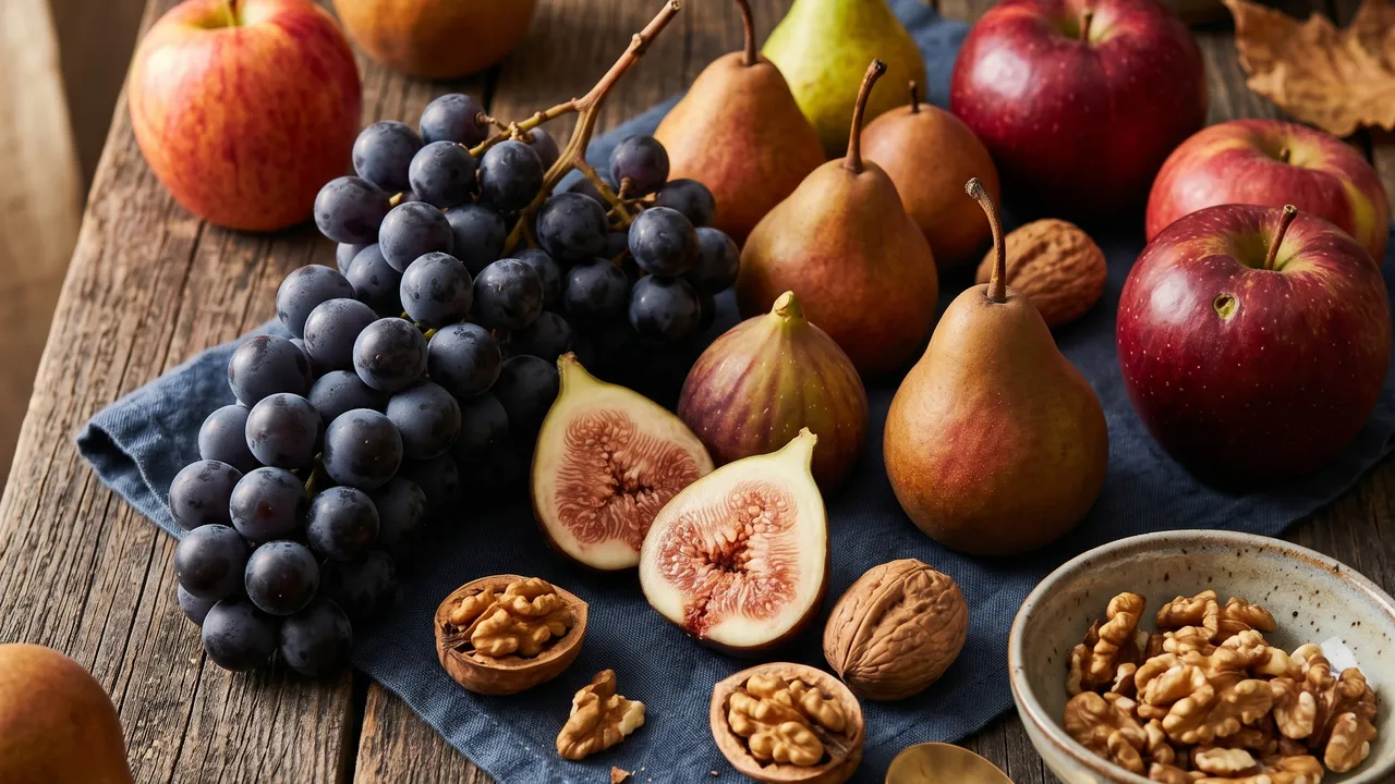 Panier de fruits d'automne — raisin noir, poires, figues, pommes — sur fond de bois rustique