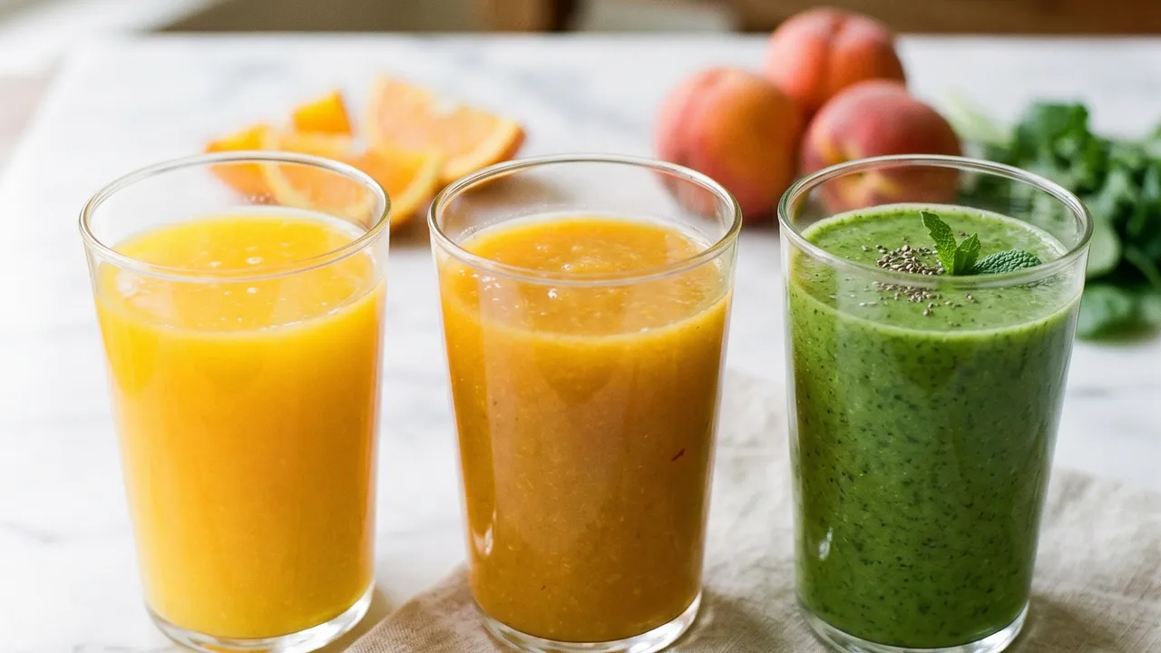 Trois verres de boissons de fruits — jus pur jus, nectar et smoothie — sur fond blanc épuré