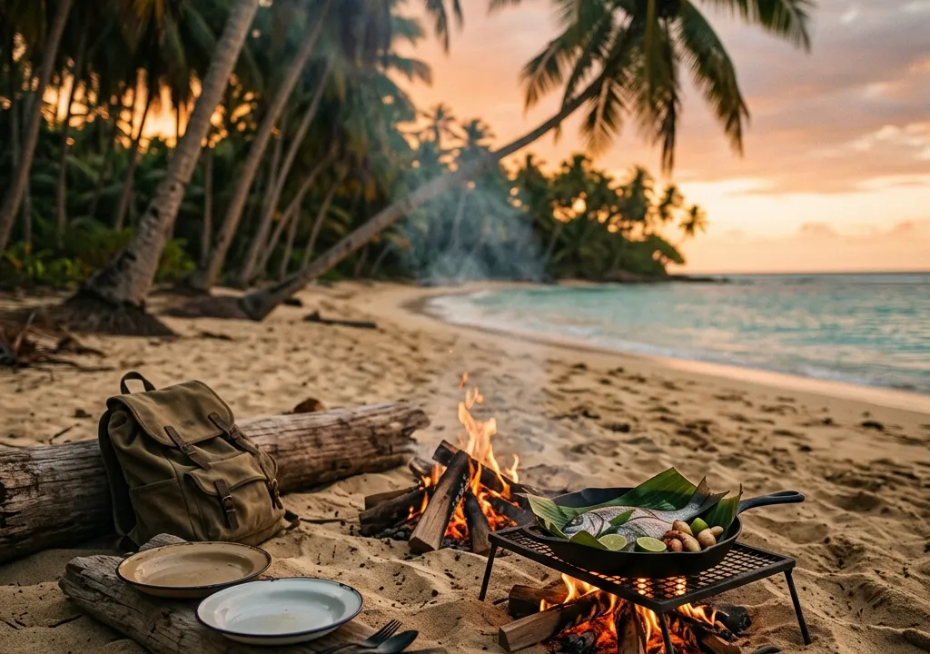 Plage tropicale déserte avec palmiers et un petit feu de bois en arrière-plan, ambiance survival