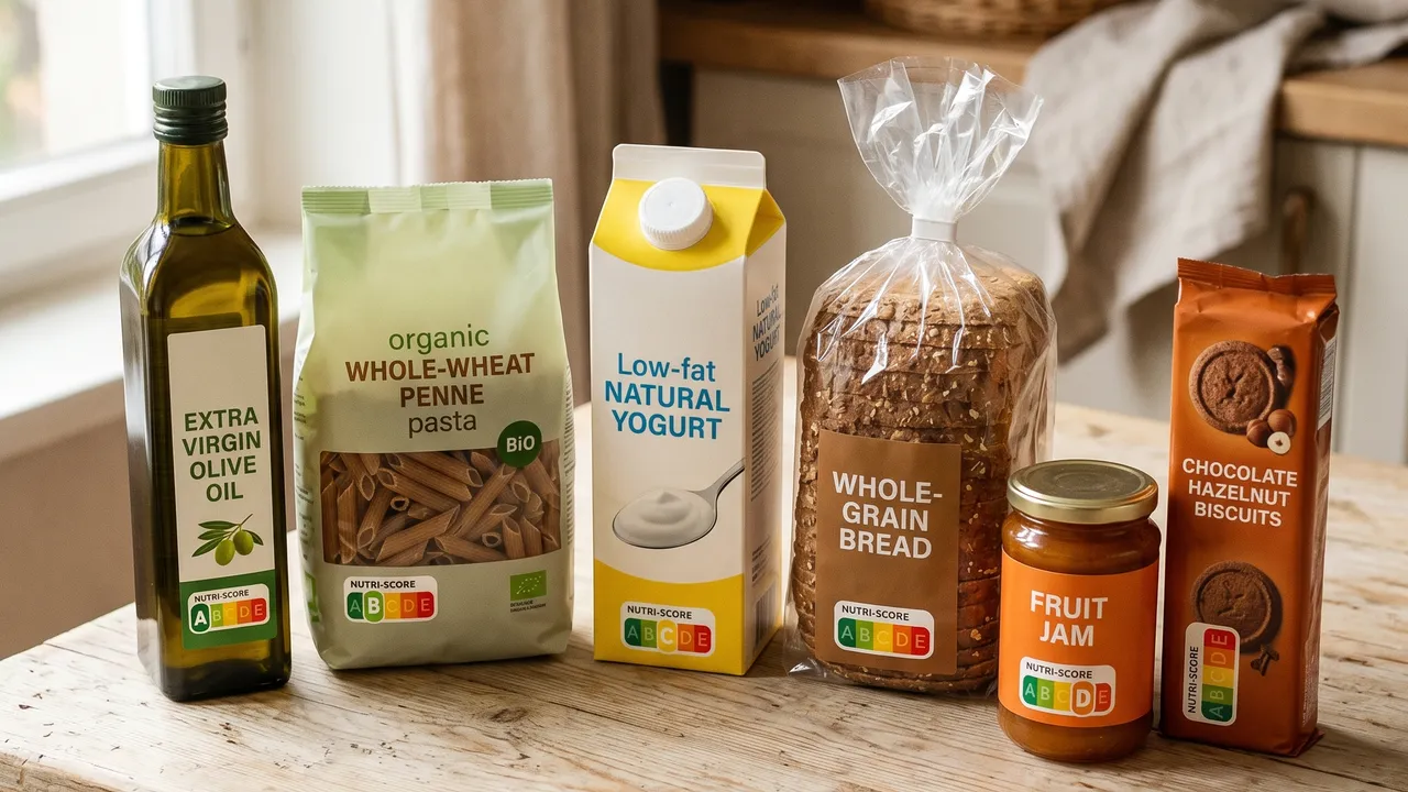 Produits alimentaires en grande surface avec logos Nutri-Score visibles sur les emballages