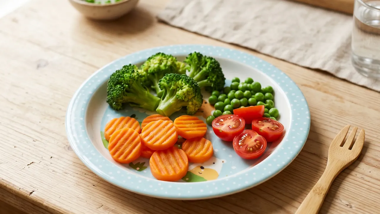 Enfant devant une assiette colorée de légumes avec une expression dubitative, fond lumineux