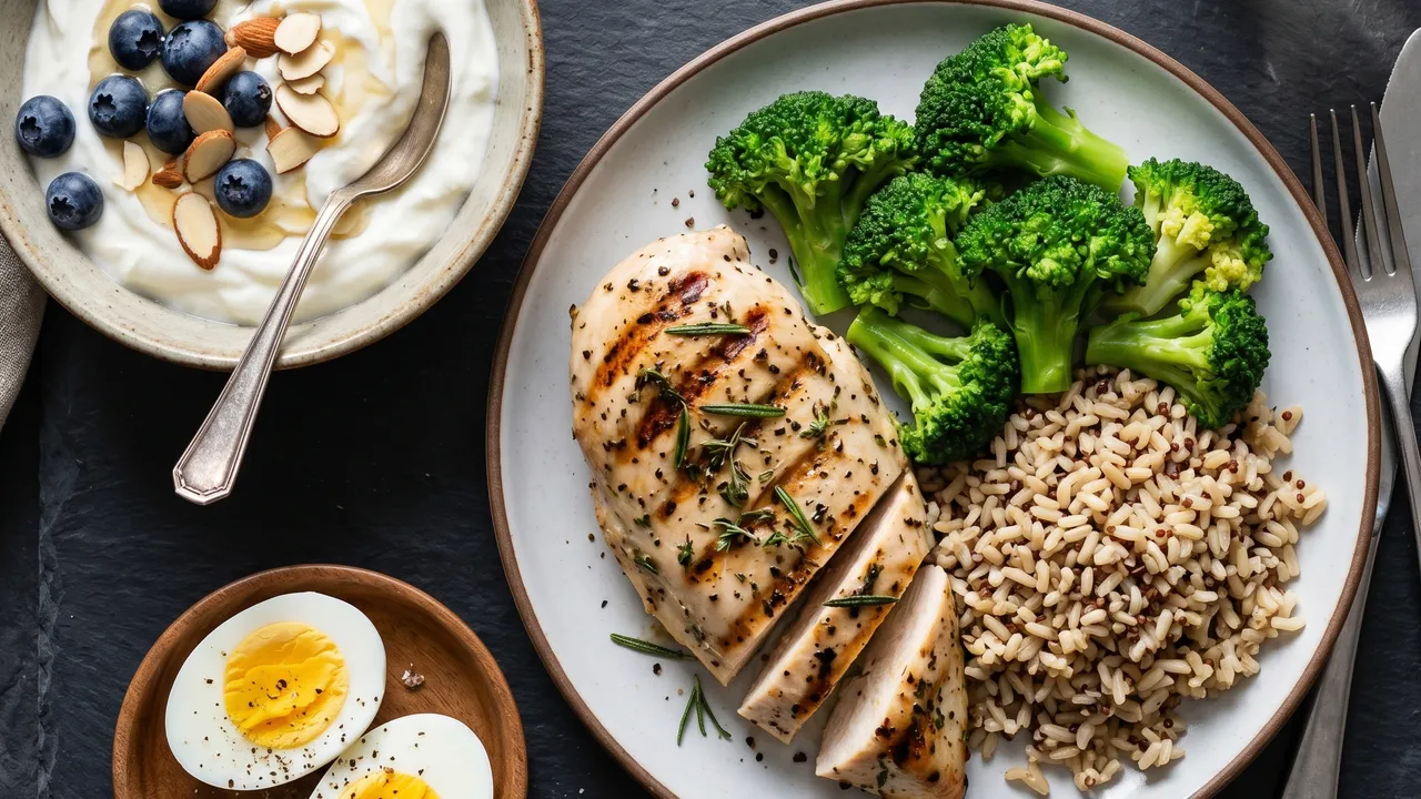 Assiette sportive avec poulet grillé, riz complet, brocolis et œufs durs sur fond sombre