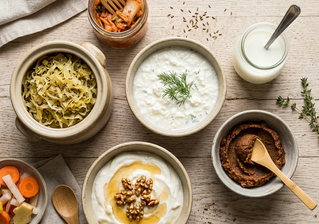 Yaourt et aliments fermentés riches en probiotiques sur fond bois, kéfir et choucroute