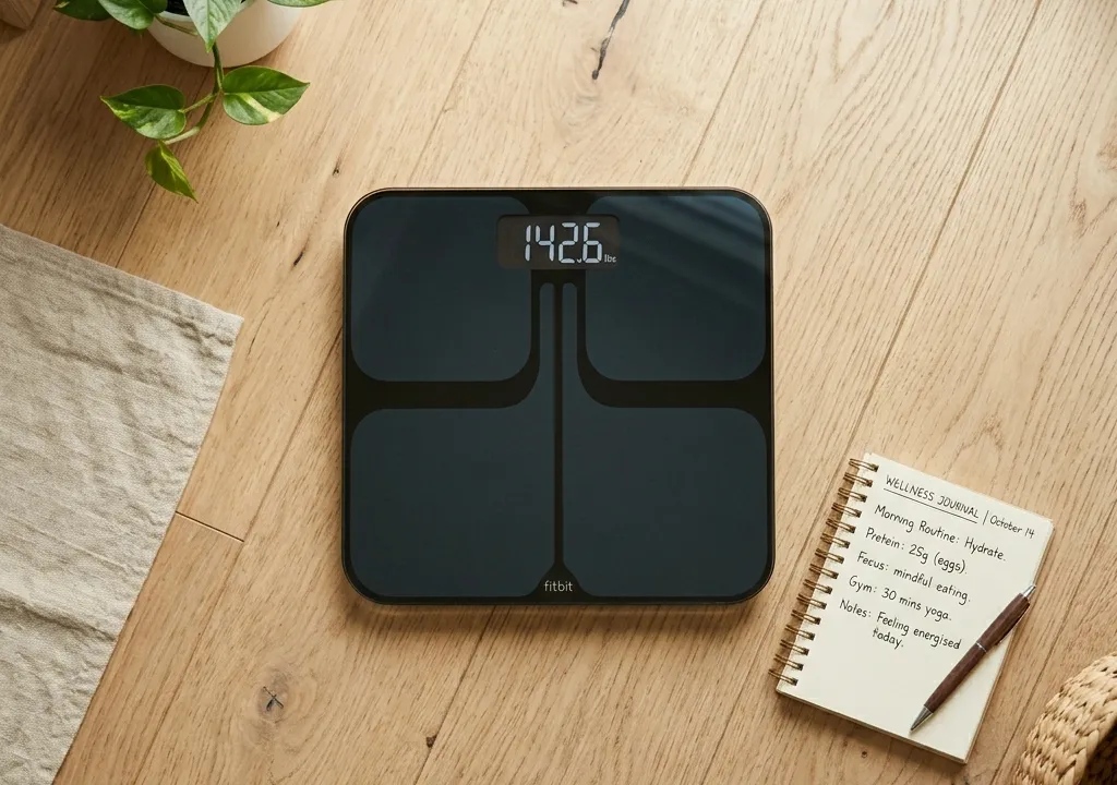 Balance numérique posée sur un parquet clair à côté d'un carnet de suivi alimentaire et d'un stylo