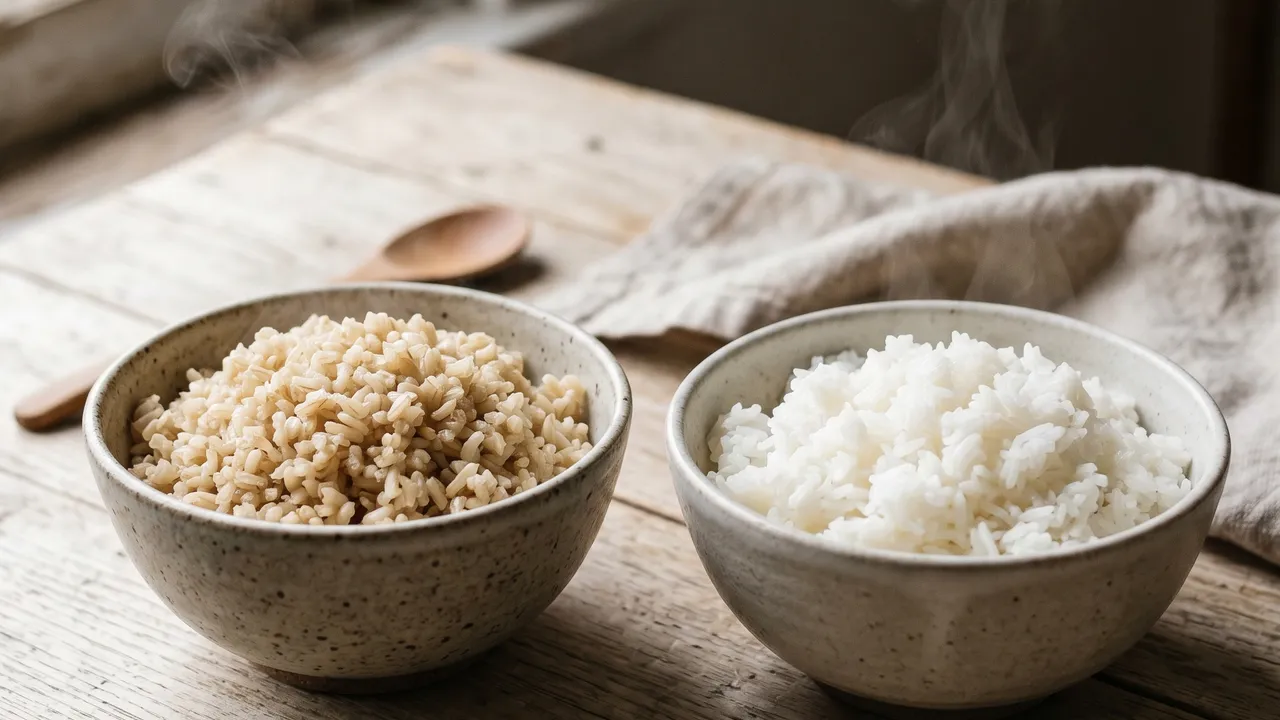 Bol de riz complet brun à côté d'un bol de riz blanc sur une table en bois, lumière naturelle douce