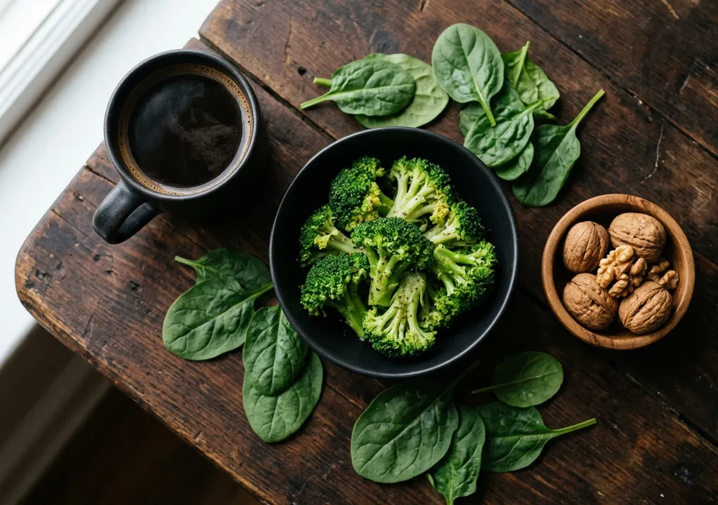 Brocoli vapeur, café noir, noix et feuilles d'épinard frais sur une table en bois sombre