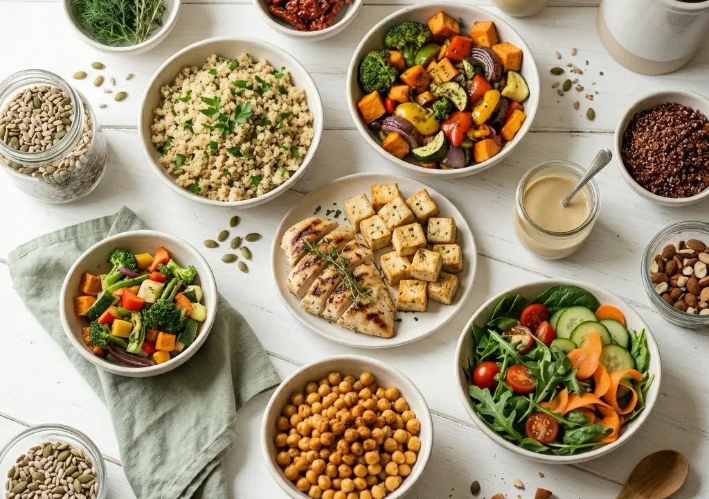 Table dressée avec plusieurs assiettes colorées de légumes, protéines et féculents pour un repas équilibré